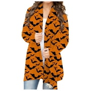 gvdentm Sweaters For Women Open Front Women's Halloween Animal Cat Pumpkin Print Cardigan Coat Creme Cardigan