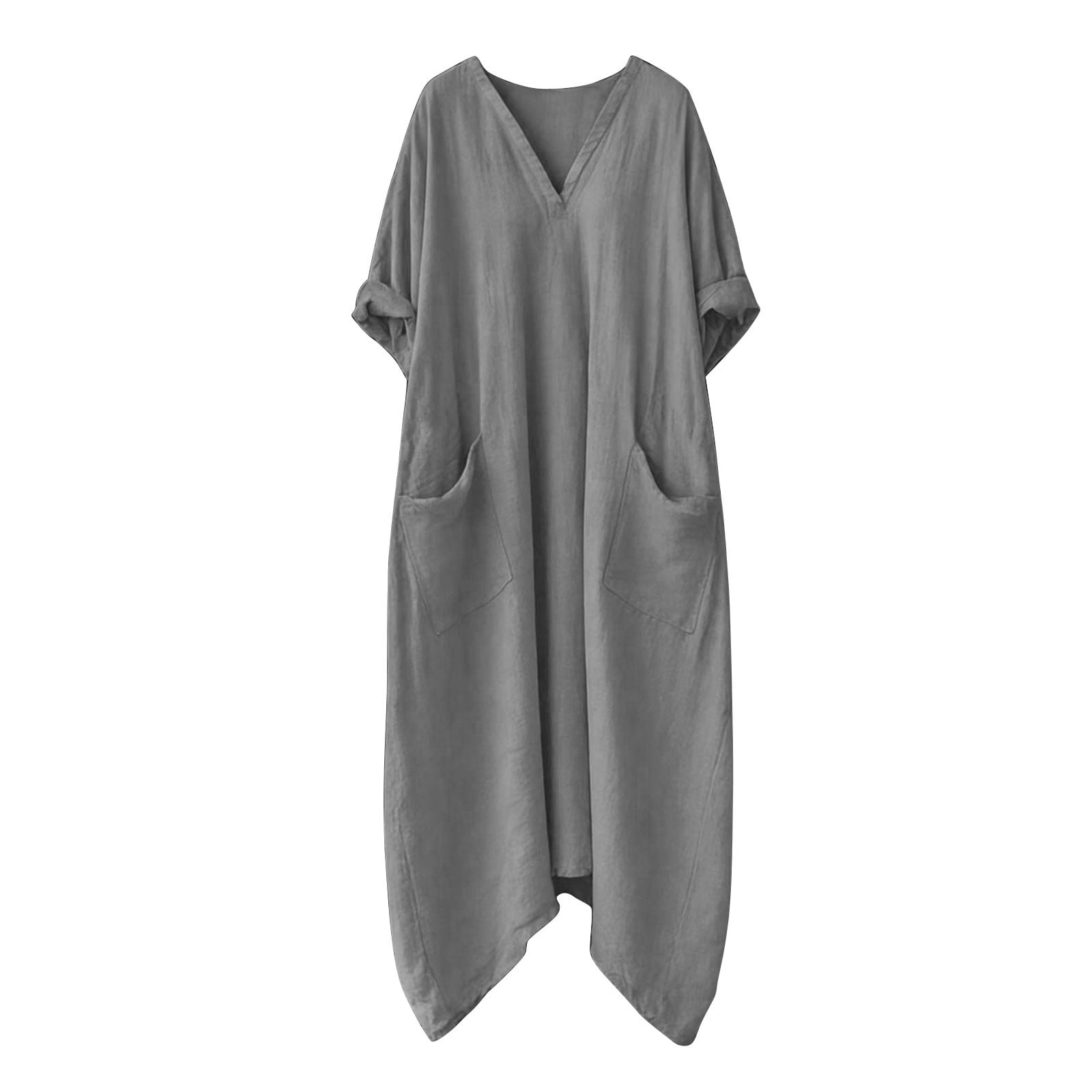 Dresses for Women, Womens Casual Loose Cotton Linen Long Shirt Dress, V-Neck Cuffed Sleeve Side Split Dresses with Pockets