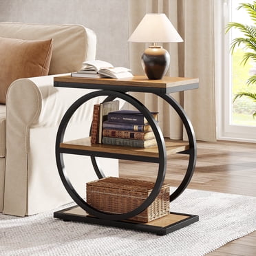 Fnova Side Table with Circular Metal Frame, End Table with 3-Tier Shelves for Living Room, Brown