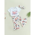 thumbnail image 3 of Bagilaanoe 4th of July Clothes for Newborn Baby Girls Letters Print Short Sleeve Romper Tops + Flare Trousers + Headband 3M 6M 12M 18M Kids Independence Day Outfits 2pcs Long Pants Set, 3 of 7