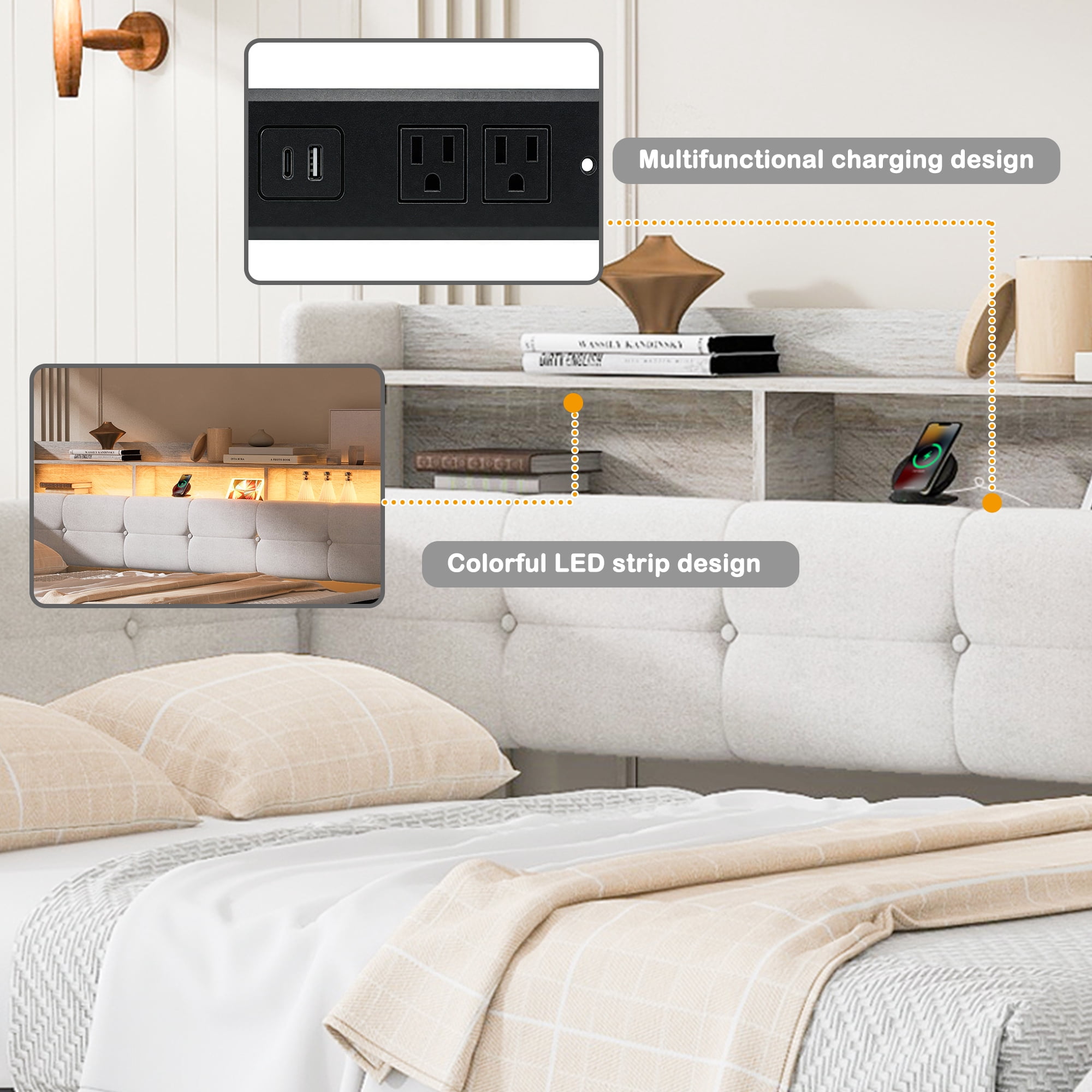 Euroco Upholstery Twin Size Daybed with Drawers, Storage Sofa Bed with Footstool and Shelves, LED Light and USB Charging, Beige