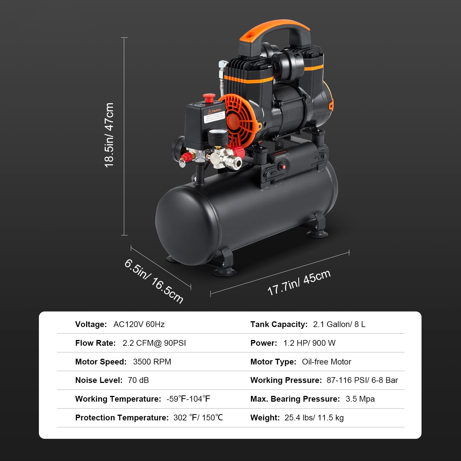BENTISM Air Compressor Oil-Free 2.1 Gallon 1.2HP 116 PSI 2.2 CFM Ultra Quiet 70dB Steel Tank, Portable Black