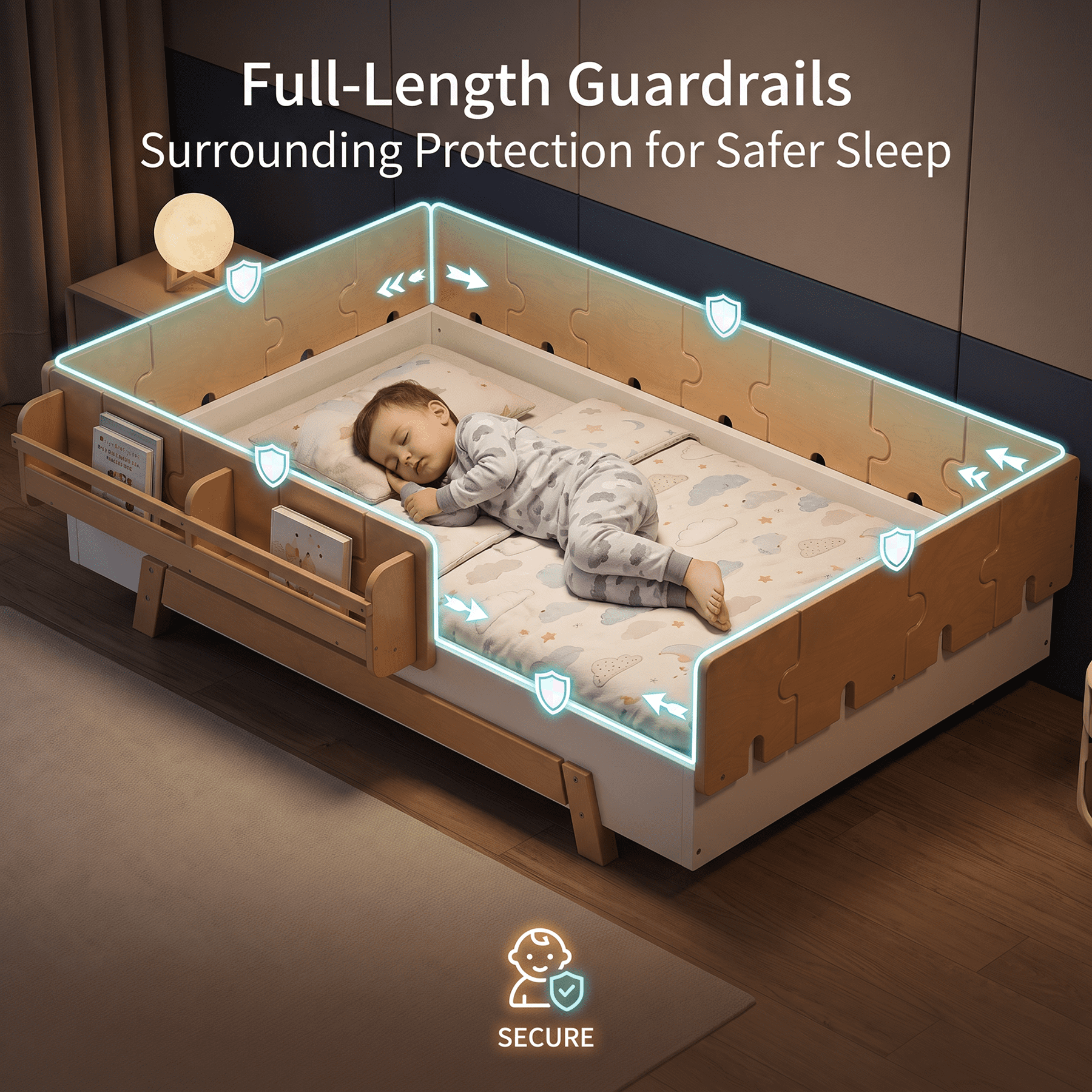 Miniyam Twin Size Montessori Floor Bed, Kids Bed Frame with Guardrails and Bookshelf Storage, White & Natural