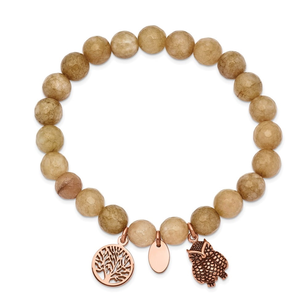 Diamond2Deal Stainless Steel Rose IP-Plated Owl and Tree of Life Taupe Dyed Jade Beaded Stretch Bracelet for Women 6.5"