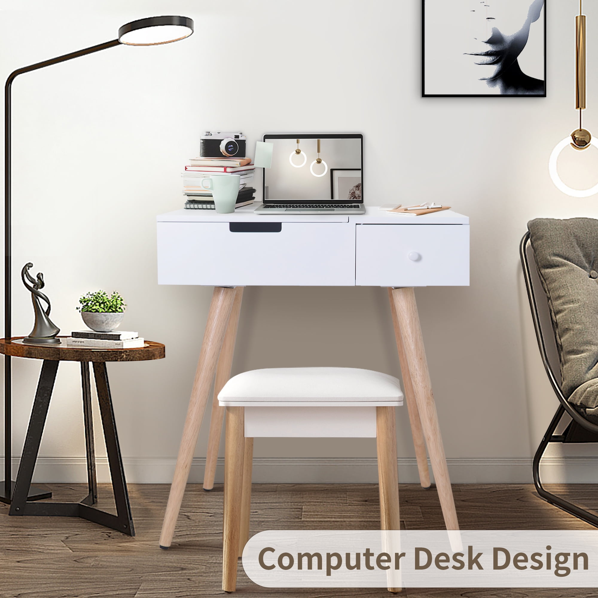 Spaco Modern Makeup Table with Flip Top Mirror and 2 Drawers, Vanity Desk for Bedroom Living Life, White Spaco Modern Makeup Table with Flip Top Mirror and 2 Drawers, Vanity Desk for Bedroom Living Life, White