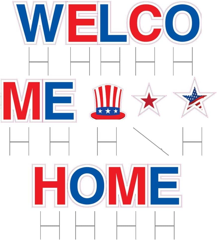 Vispronet Welcome Home Patriotic Yard Signs with Stakes – Each Letter is 18in Tall – Includes Bonus Stars and Tall Hat – Weather-Resistant Signs and Steel Stakes