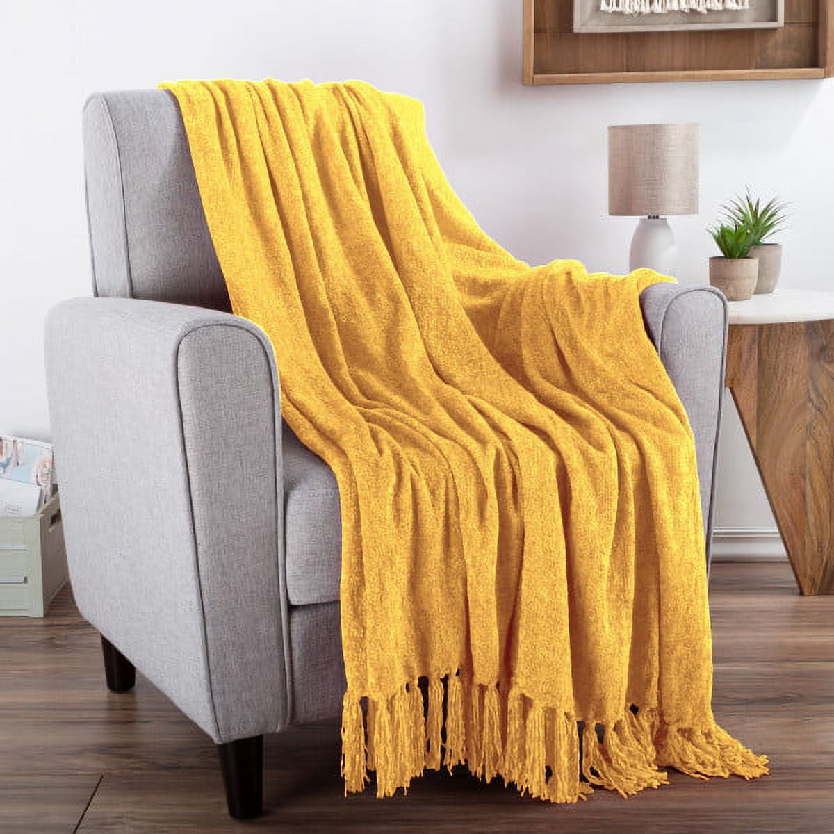 Chenille Throw Blanket- For Couch, Home Décor,Sofa & Chair-Oversized 60 x 70- Lightweight, 5 Fringe, Ultra-Soft & Shiny Primrose Gold by LHC