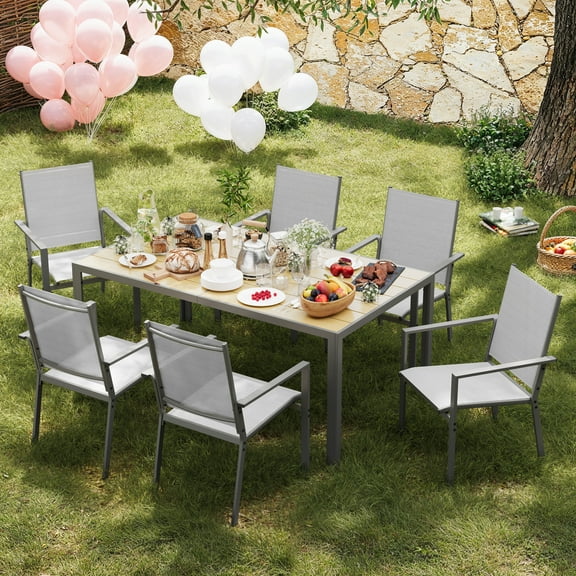 Aiho 7-Piece Patio Dining Set with Stackable Chairs - 6 Textilene Chairs & Steel Table, Light Gray