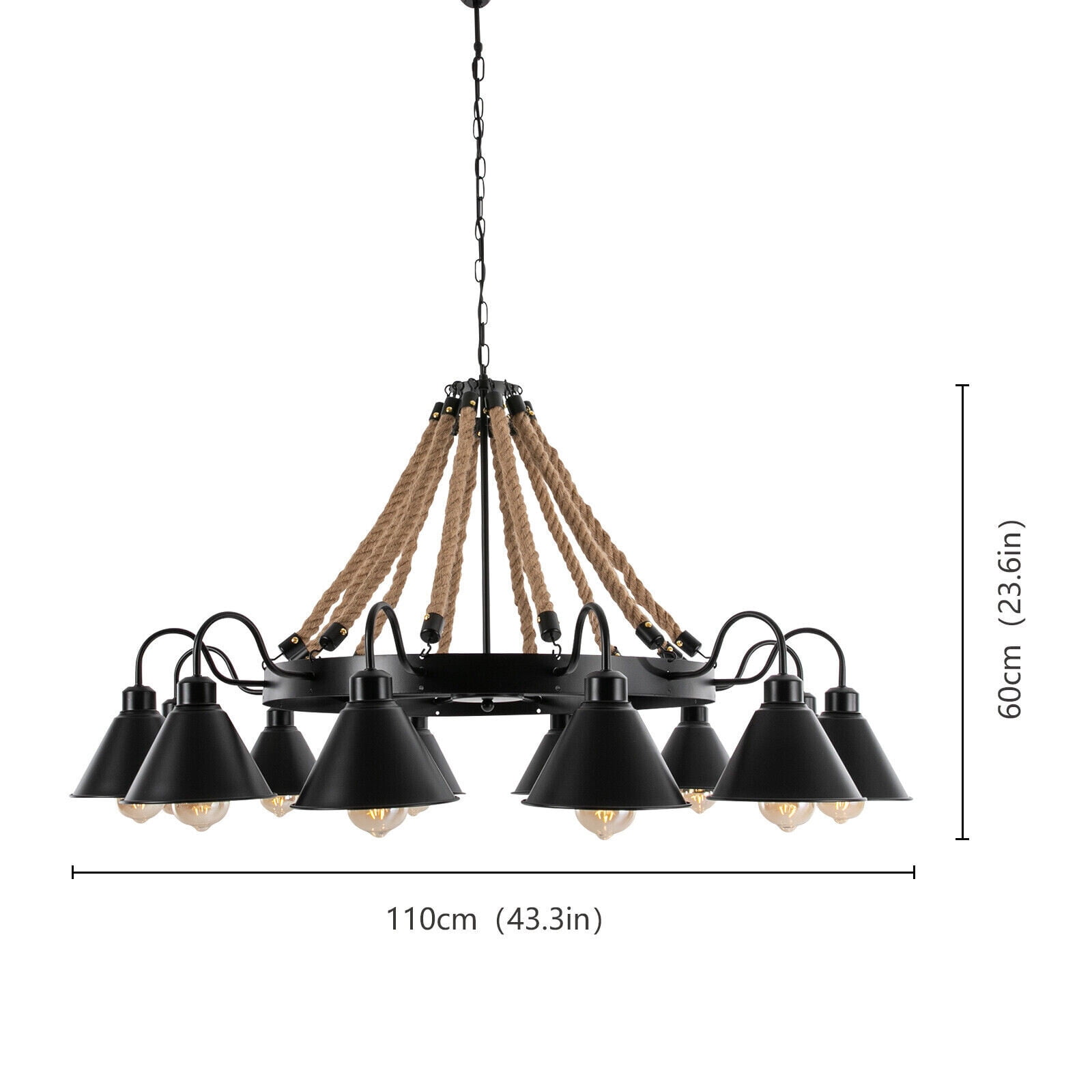 Hemp Rope Chandelier Ceiling Light Rustic Wheel Large Pendant Light Fixture Black for Living Room, Bedroom