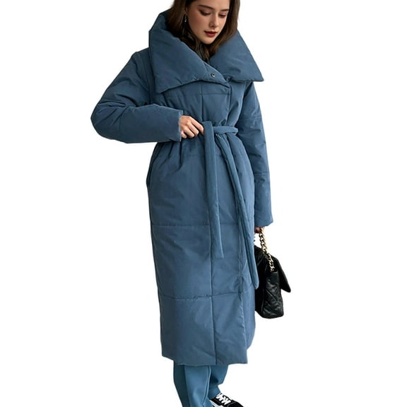 Women'S Long Quilted Cotton Coats Jackets Long Sleeve Stand Collar Padded Coats Jacket Outerwear with Pockets Blue S