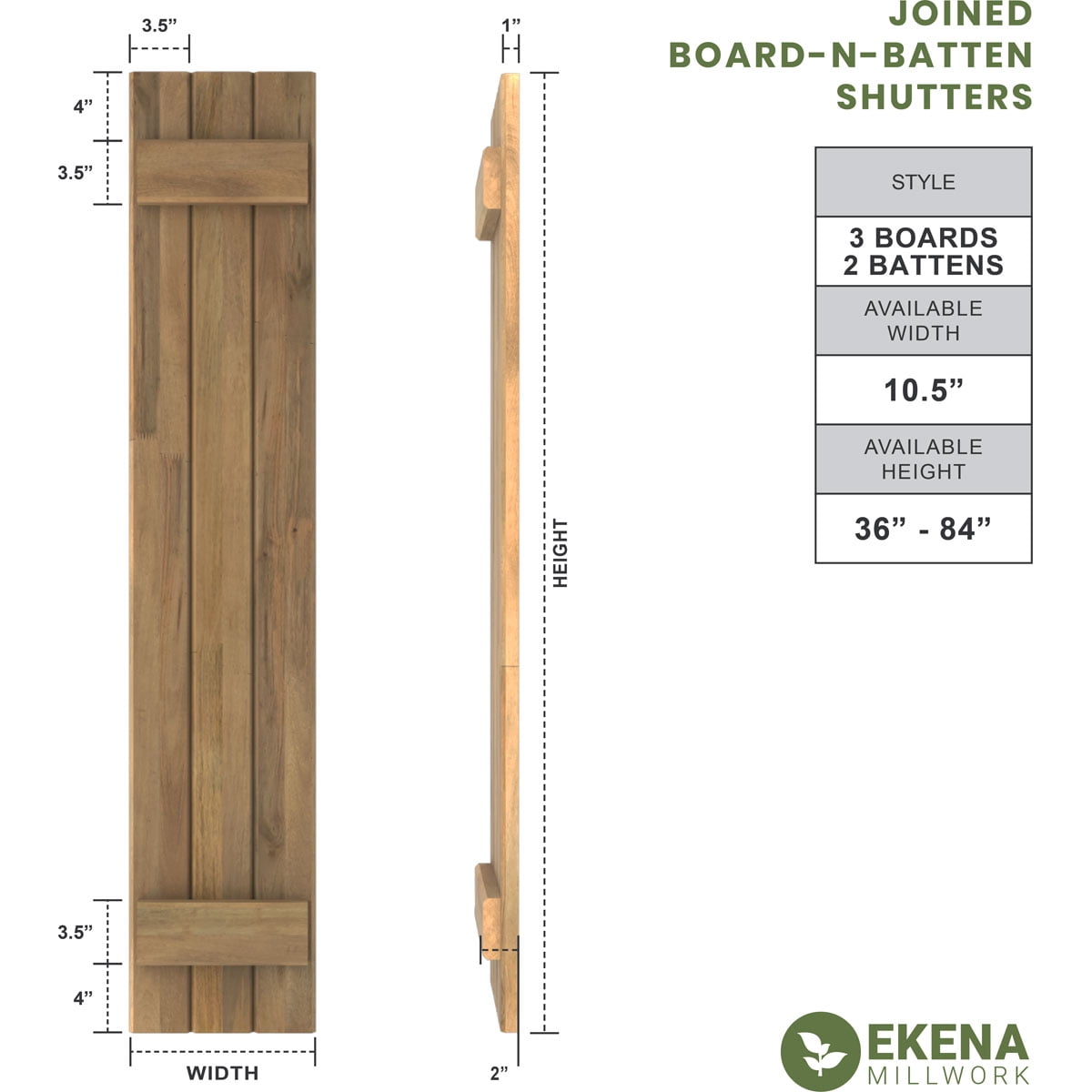 Ekena Millwork 10 1/2"W x 44"H Americraft Three Board (2 Batten) Exterior Real Wood Joined Board-n-Batten Shutters (Per Pair), Antigua