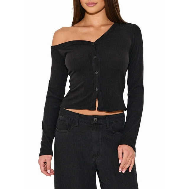 Cárdigan Corto de Larga con Hombros Descubiertos y Abertura Frontal para Mujer, Camisa con Botones, Tops de Otoño Negro M