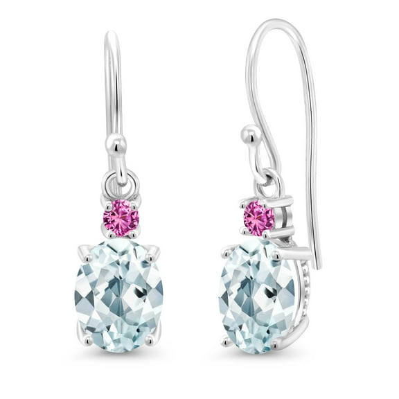Gem Stone King 10K White Gold Sky Blue Aquamarine and Pink Created Sapphire Dangle Earrings for Women (2.50 Cttw, Gemstone Birthstone, Oval 8x6mm)