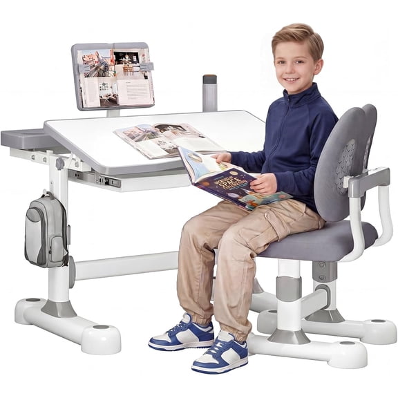 Kids Desk and Chair Set Gray, Height Adjustable Study Desk with 0-50° Tiltable Desktop, Ergonomic Chair, Storage Drawer, Book Stand for Kids Ages 3-12