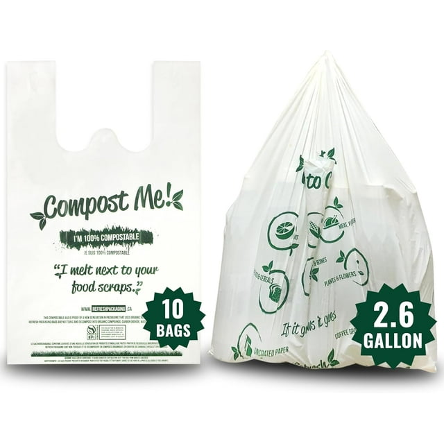 Refresh Packaging Compost Bags - 100% Certified Kitchen Garbage Bag for Shopping & Grocery - Green Bin Bags with Handles