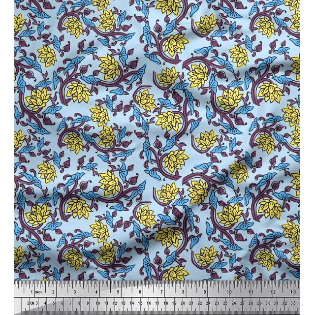 Soimoi Crepe Silk Fabric Leaves & Lotus Block Print Sewing Fabric Yard 42 Inch Wide