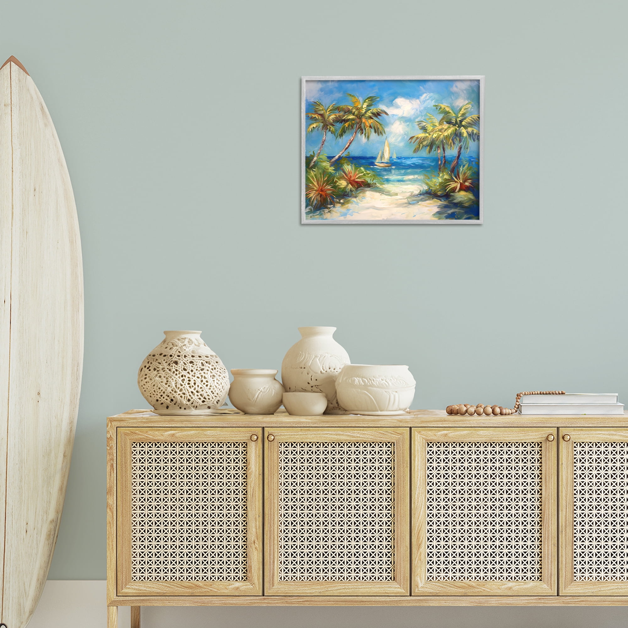 Stupell Industries Tropical Paradise Harbor Coastal Painting Gray Framed Art Print Wall Art, 20 x 16