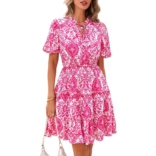 Vestido BTFBM para mujer, estampado floral, cuello en V, manga corta, volantes