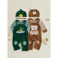 thumbnail image 3 of RUINIXCW Baby Boy Fall Outfit Striped Long Sleeve Romper Applique Overall Pants Hat, 3 of 8