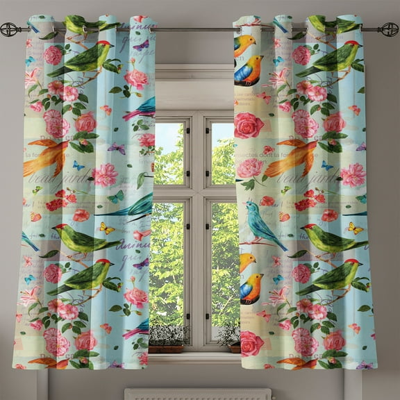 Ambesonne Birds and Nature Grommet Curtain, Watercolor Vintage, 50"x60", Fern Green Vermilion