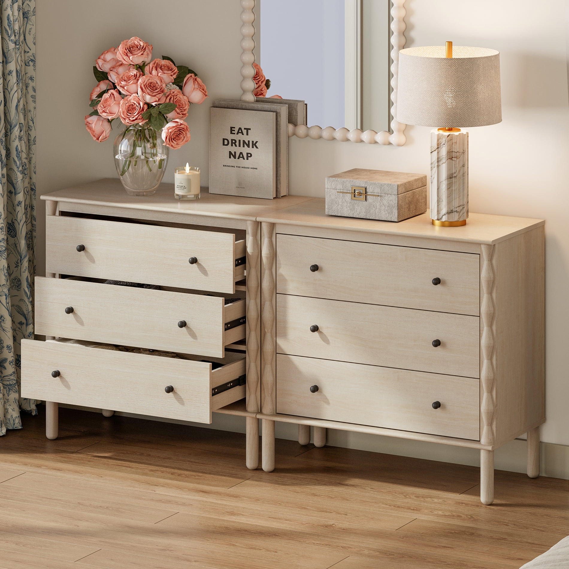 PRE-ASSEMBLED Drawer Glides & Anti-Tip Kit 6 Drawer Dresser for Bedroom，Natural