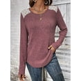 thumbnail image 2 of Womens Casual Crew Neck Shirt Lace Patchwork Blouses Pullover Sweaters Solid Color Long Sleeve Tunic Tops Brick Red S, 2 of 5