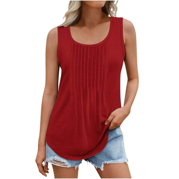 Besolor Womens Plus Size Tank Top Round Neck Sleeveless Basic Shirts Pleated Front Casual Going out Summer Blouse Tees