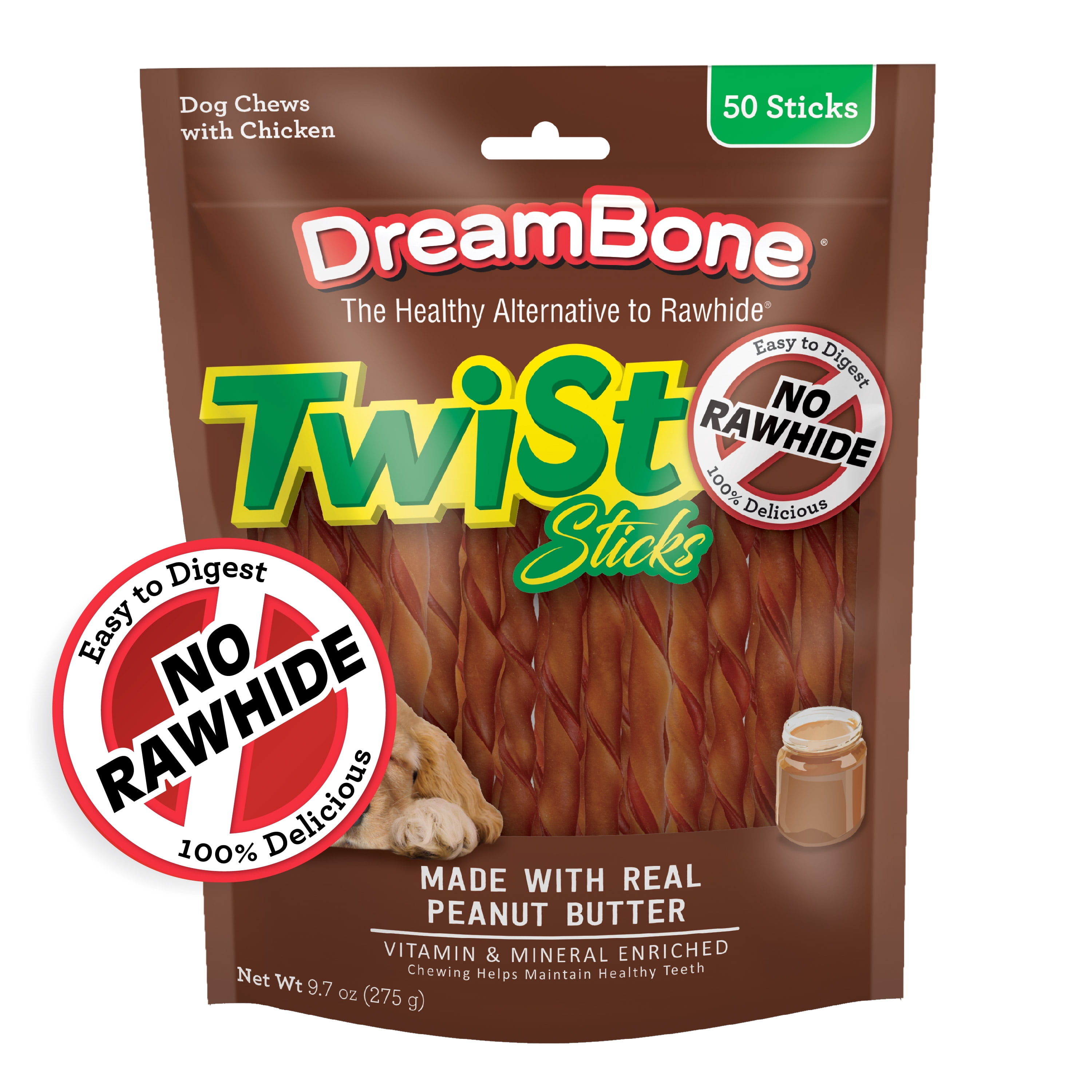 (7 pack) DreamBone Twist Sticks Rawhide-Free Chews for Dogs, with Real Peanut Butter, 50 Count