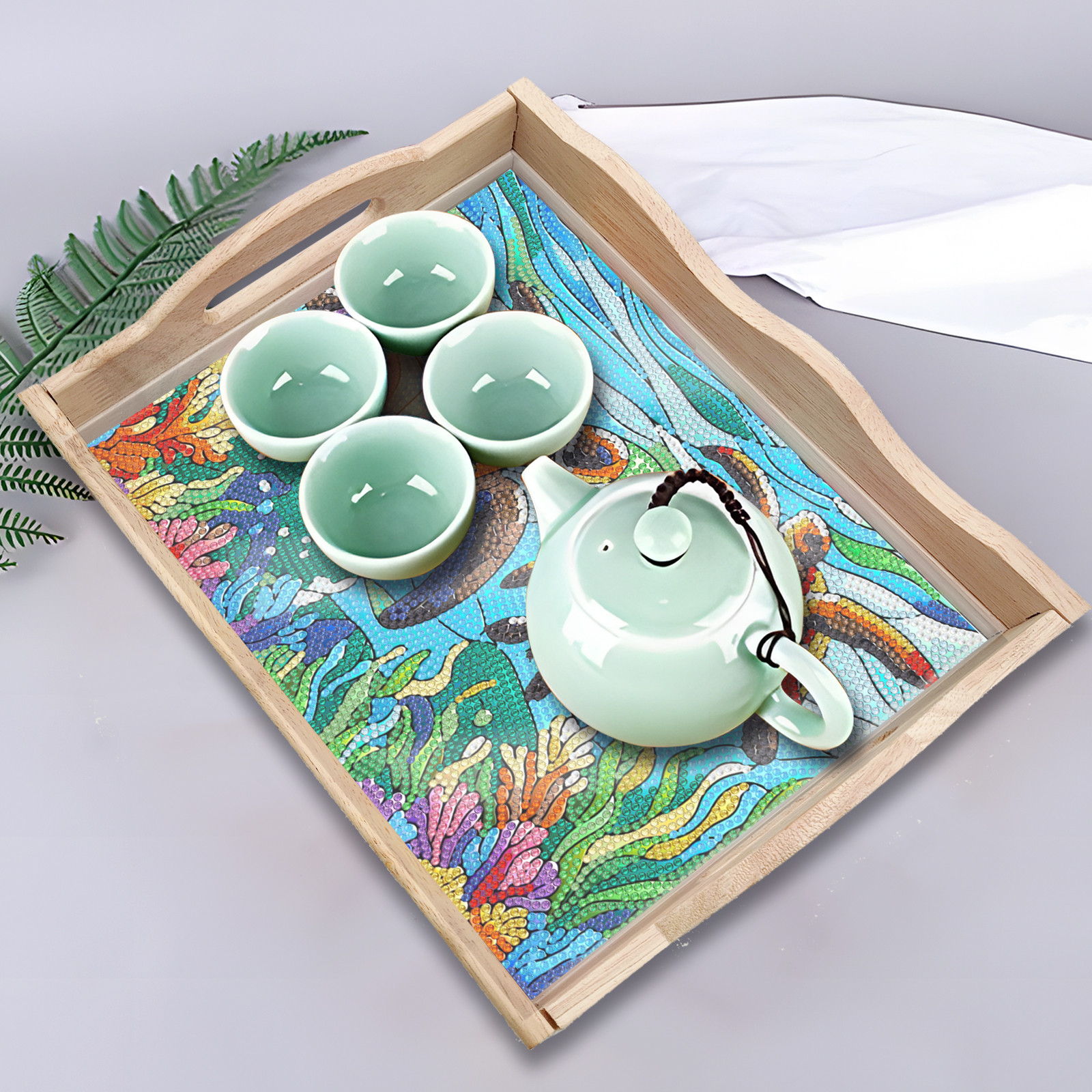 FLOPESN DIY Sea Turtles Dot Diamond Painting Tray, 11.81*7.87 inch, Creative Design Handmade Wooden Tray Dinner Plate diamond art kit