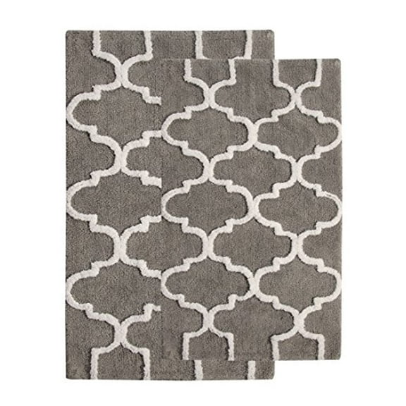 Saffron Fabs 24x17 and 34x21 Inches Gray/White Geometric Cotton 2 Pc. Bath Rug Set