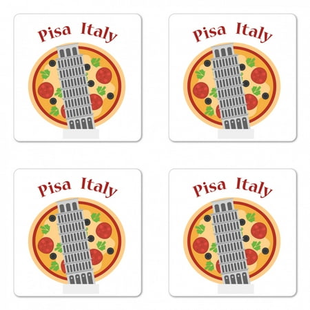 

Italy Coaster Set of 4 Cartoon Style Drawing Sketch of Leaning Tower of Pisa on Pizza Artwork Square Hardboard Gloss Coasters Standard Size White and Multicolor by Ambesonne