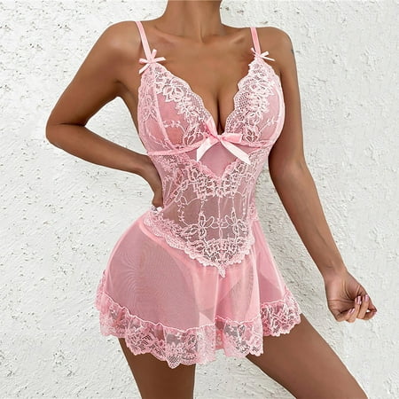 FRSASU Pajamas for Women ClearanceWomen Exquisite Plus Size Lace Lingerie Bra -Briefs Set Cut-Out Sleepwear Pink 10(XL)