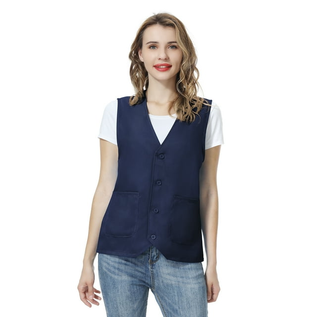 TOPTIE Unisex Work Vest Volunteer Activity Supermarket Uniform Button Up Vest-Navy Blue-M