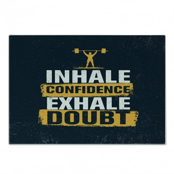 Inhale Exhale Cutting Board, Athlete Weighlifting Olympic Champion Encourage Calligraphy, Decorative Tempered Glass Cutting and Serving Board, Small Size, Earth Yellow Dark Blue, by Ambesonne