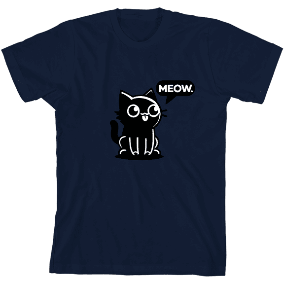Black Chibi Cat Youth Navy Blue Crew Neck Short Sleeve Tee-Medium