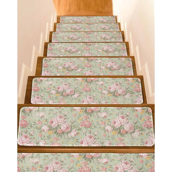 Stair Treads for Wooden Steps, Pink Flowers Peel and Stick Stair Treads with Adhesive, Green Country Botanical Floral Leaves Non Slip Indoor Stairs Runner Rugs Mats for Elders Dogs 8"x30"7PCS