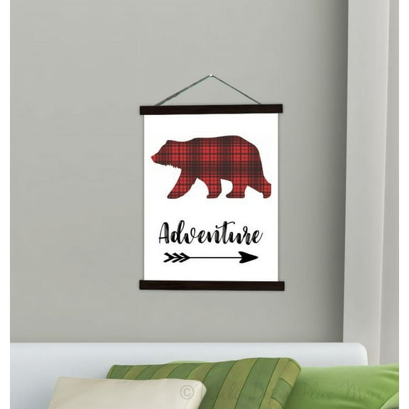 Black Wood, Canvas Sign, Adventure Buffalo Plaid Bear Woodland Theme Décor Print, Lightweight Ready to Hang Wall Hanging, 19x24-Inch