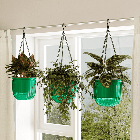 GENTINGBRO 6.5 Inch 3 Pack Hanging Planters, Self-Watering Plastic Hanging Flower Pots for Indoor Outdoor Plants (Green)
