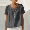 thumbnail image 5 of Htigea Womens V-Neck Button Down T Shirts Summer Short Sleeve Solid Color Casual Loose Fit Tee Linen Tee for Beach Everyday Dark Gray S, 5 of 9