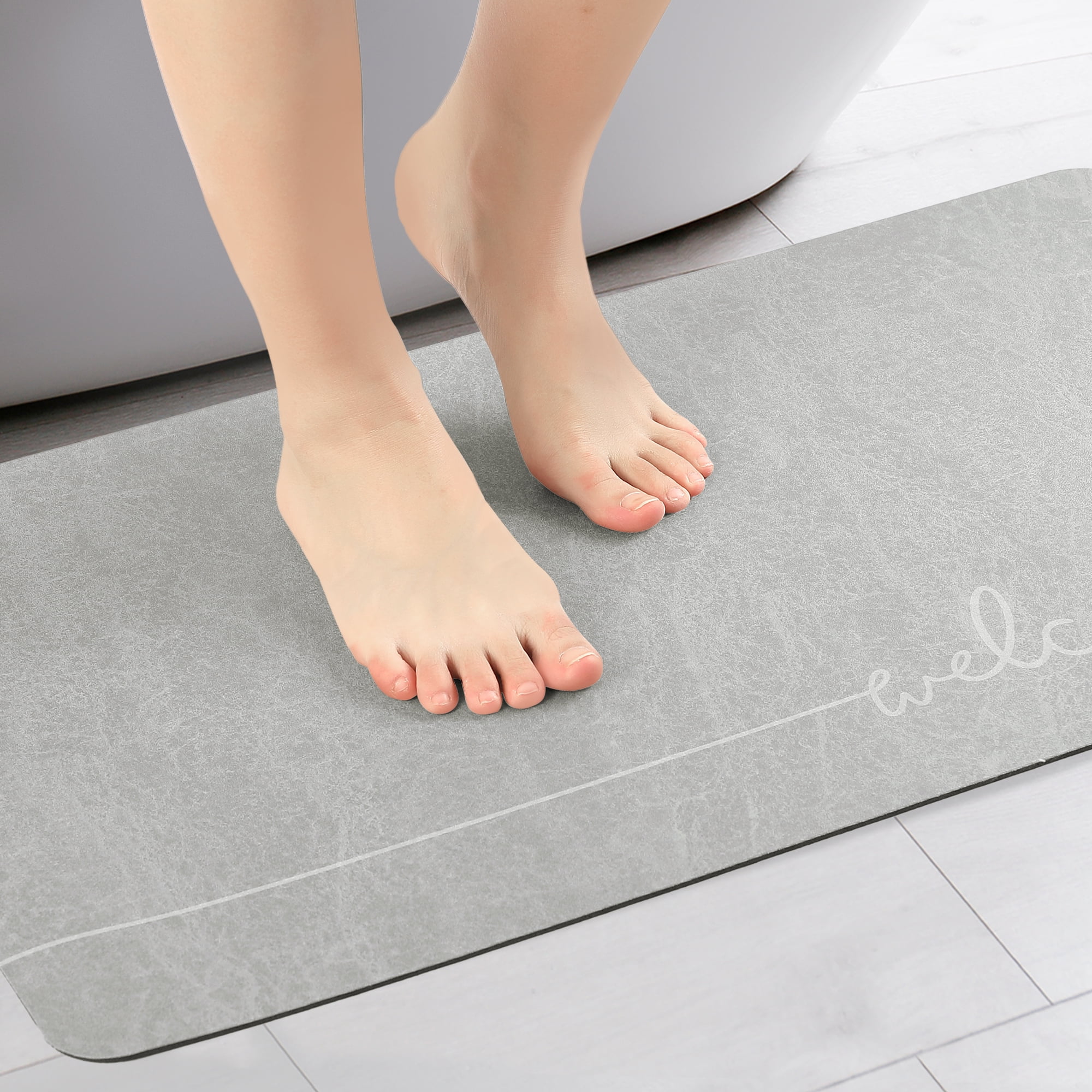 Unique Bargains Absorbent Bath Mat Non-Slip Floor Rug for Bathroom Kitchen Shower Sink Grey Welcome-1 16"x24"