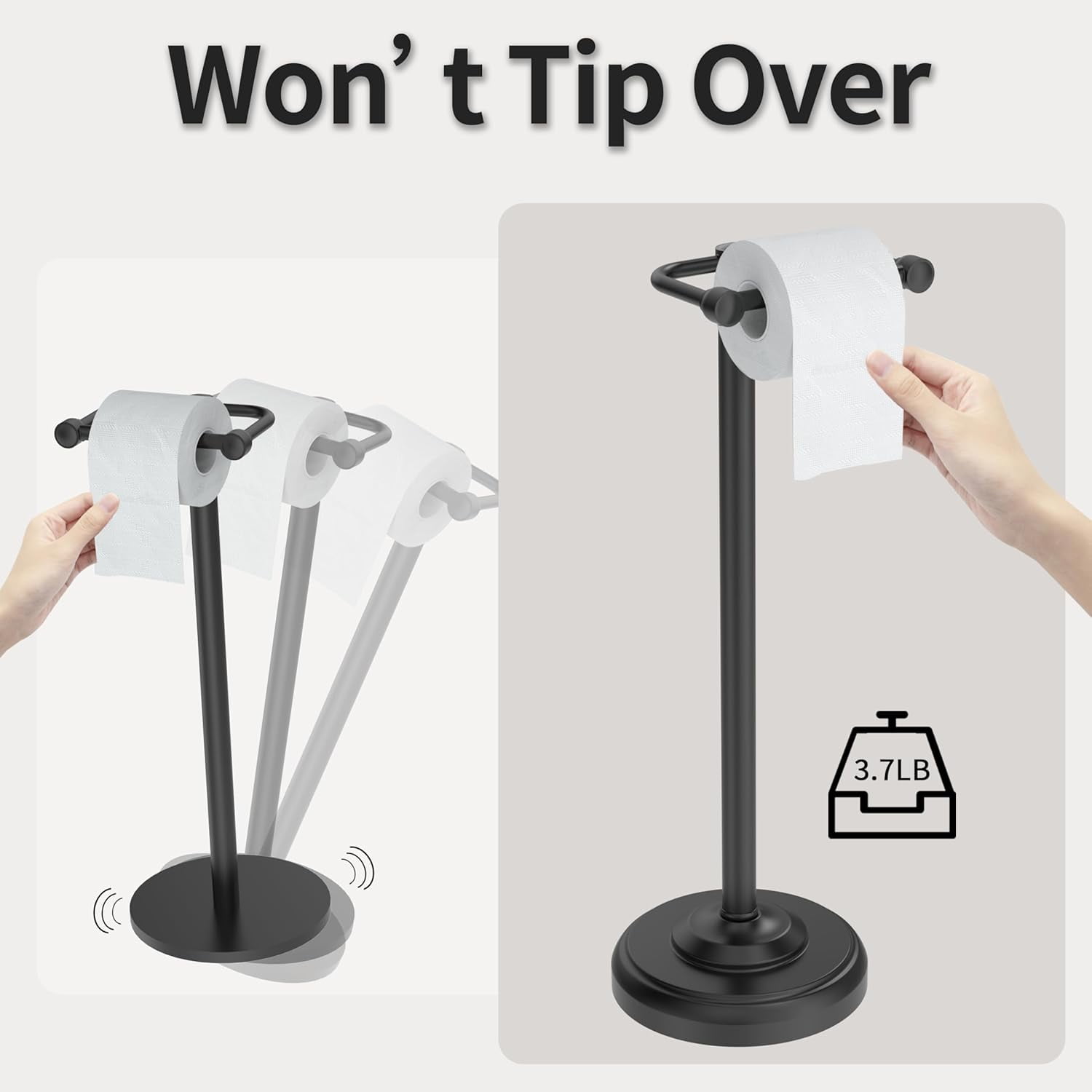 Toilet Paper Holder Stand, Matte Black Toilet Paper Holder Free Standing,Post Pivoting Design & Stable Weighted Base SUS304 Stainless Steel for Bathroom
