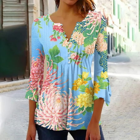 

Lenago Plus Size Womens Tops Casual Trumpet 3/4 Sleeve Printed Buttoned Basic Ruched Corset Tunic Tops Pleated T-shirts Tunic Tops Flare Blouse Summer Savings Clearance
