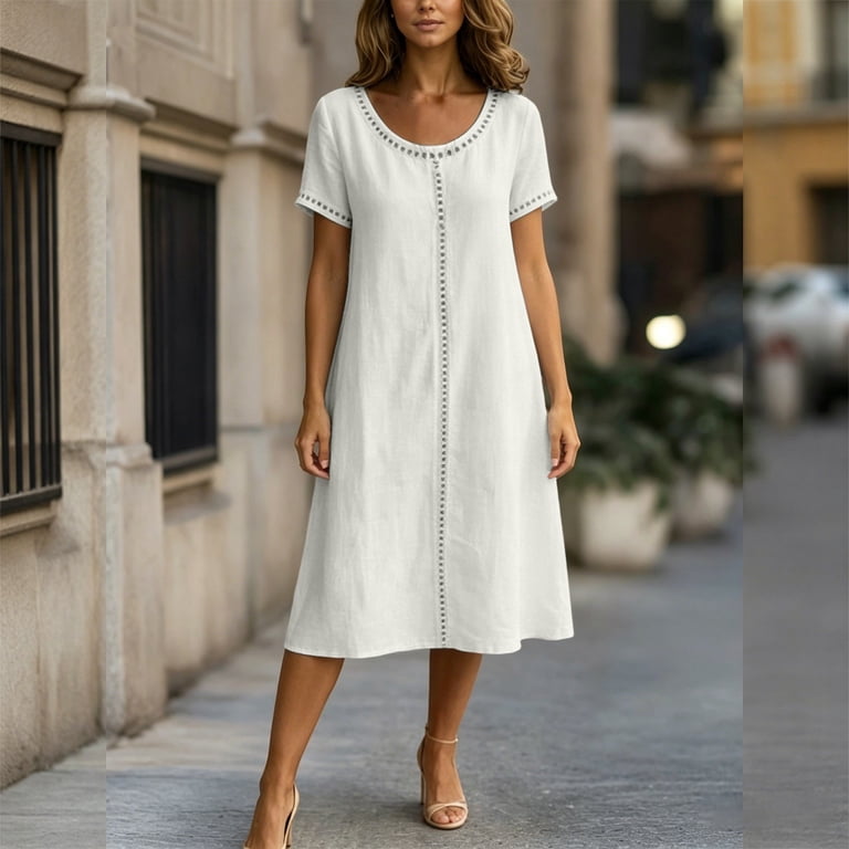 ladies white linen dresses Tisuna Dress For Woman Solid Color Short Sleeve Crew Neck Fashion Flowy Midi Dress Size S Stretch Moss Crepe
