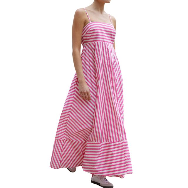 Wangsaura Robe Élégante Sans Manches pour Femmes, Été, Imprimé Rayé/floral, Dos Nu, Robe de Soirée Fluide avec Poche