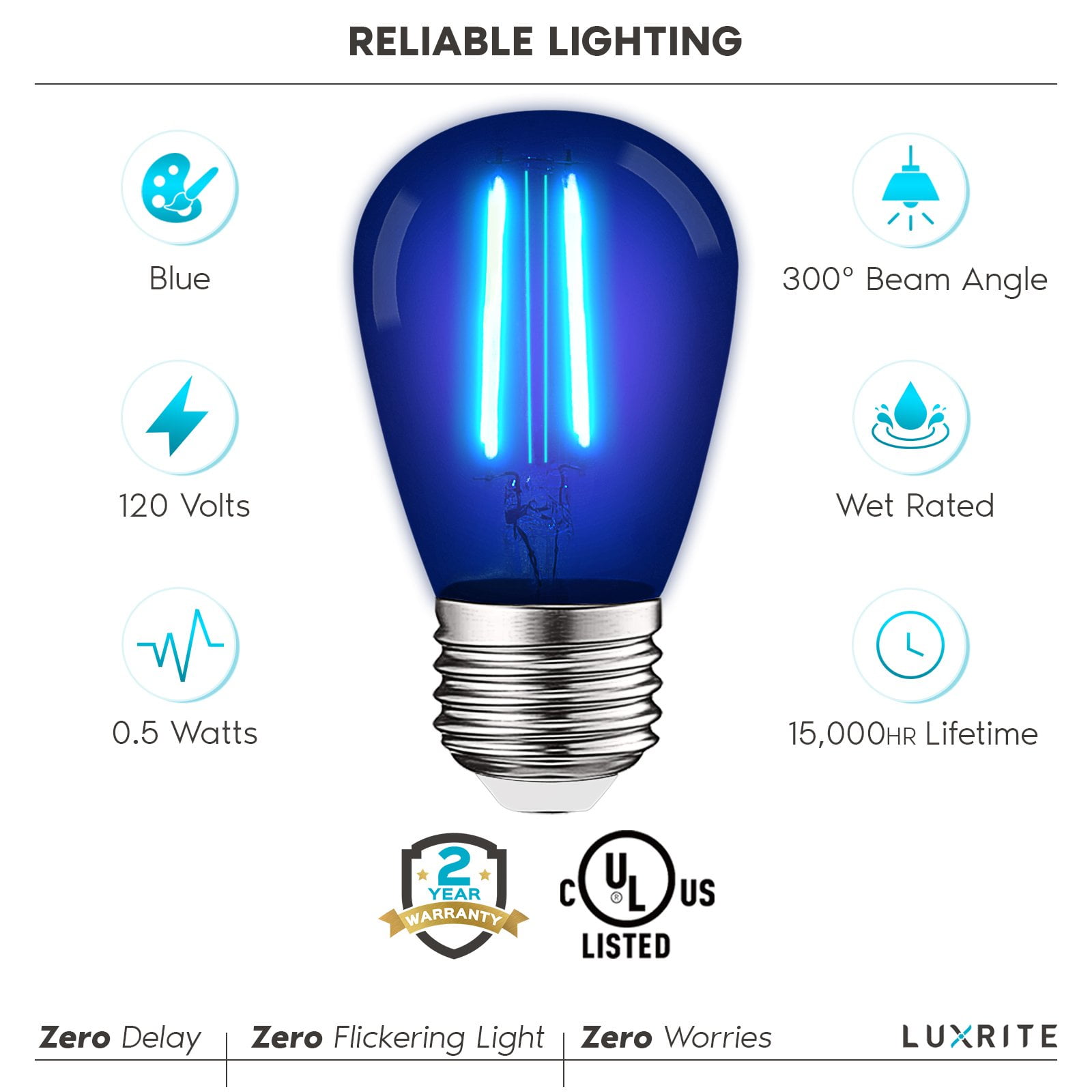 Luxrite S14 Edison LED Blue Light Bulb 0.5W Colored LED Bulbs for Outdoor String Lights UL Listed E26 Base 4 Pack