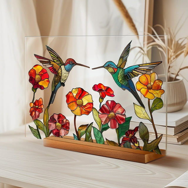 Acrylic Display Box,Acrylic Printed Desktop Display Floral Decoration Wooden Base Transparent Desktop Ornament