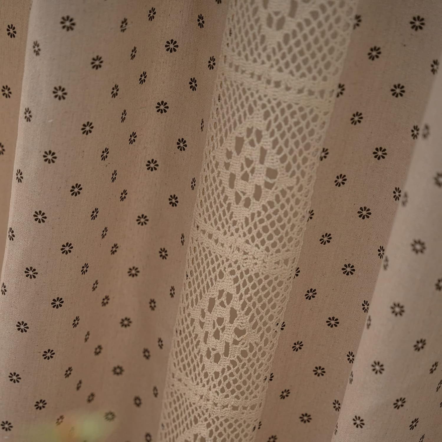 Vireellx Boho Curtains for Bedroom, Cream Hollow Crochet Stripes and Florals Print Cotton Linen Fabric Patchwork, Bohemian Beige Tassel Semi-Blackout Window Panel Farmhouse Drape