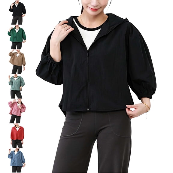 TGSLY Women's Hooded Jacket Lightweight Zip-Up Solid Color Fall Hoodies Relaxed Casual Puff 3/4 Sleeve Outdoor Hooded Coat with Elastic Cuffs XXXL