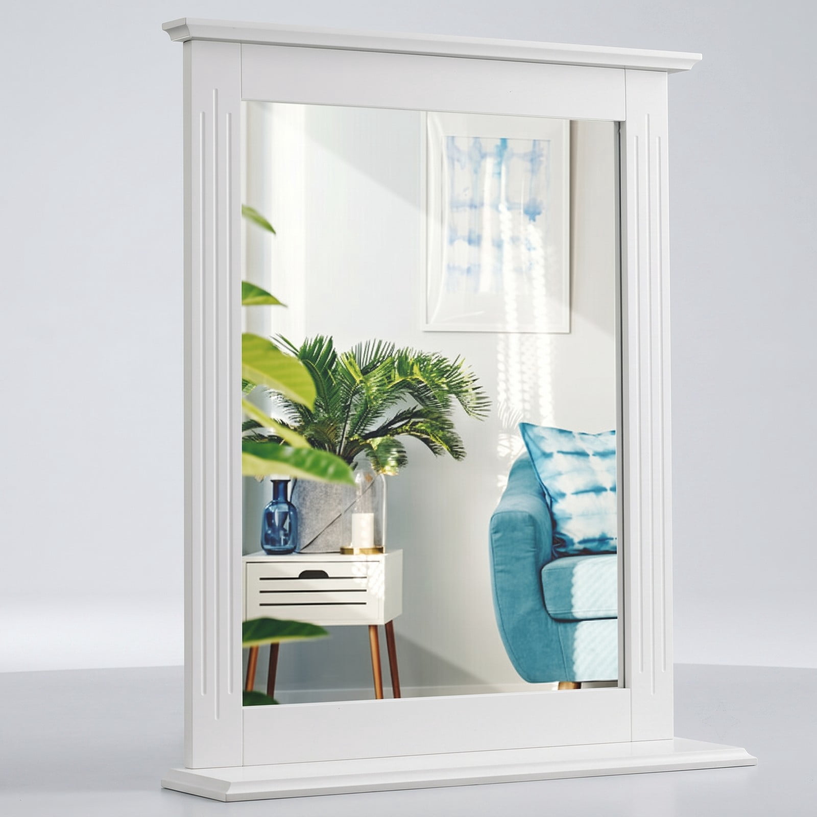 ALPULON Wall-Mounted Multipurpose Vanity Mirror with Shelf, MDF Framed Bathroom Wall Mirror with Storage Shelf for Entryway Bedroom Living Room Hotel, 22.5 x 27, White