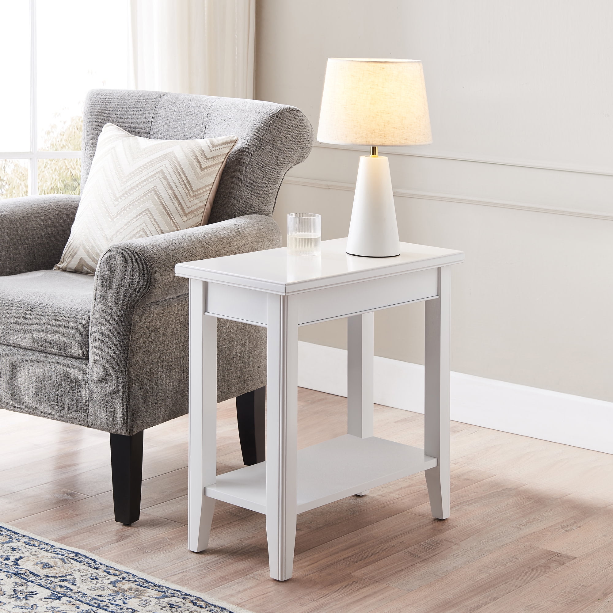 White Solid Wood Narrow End Table with Shelf, Small Space, 12 in. W